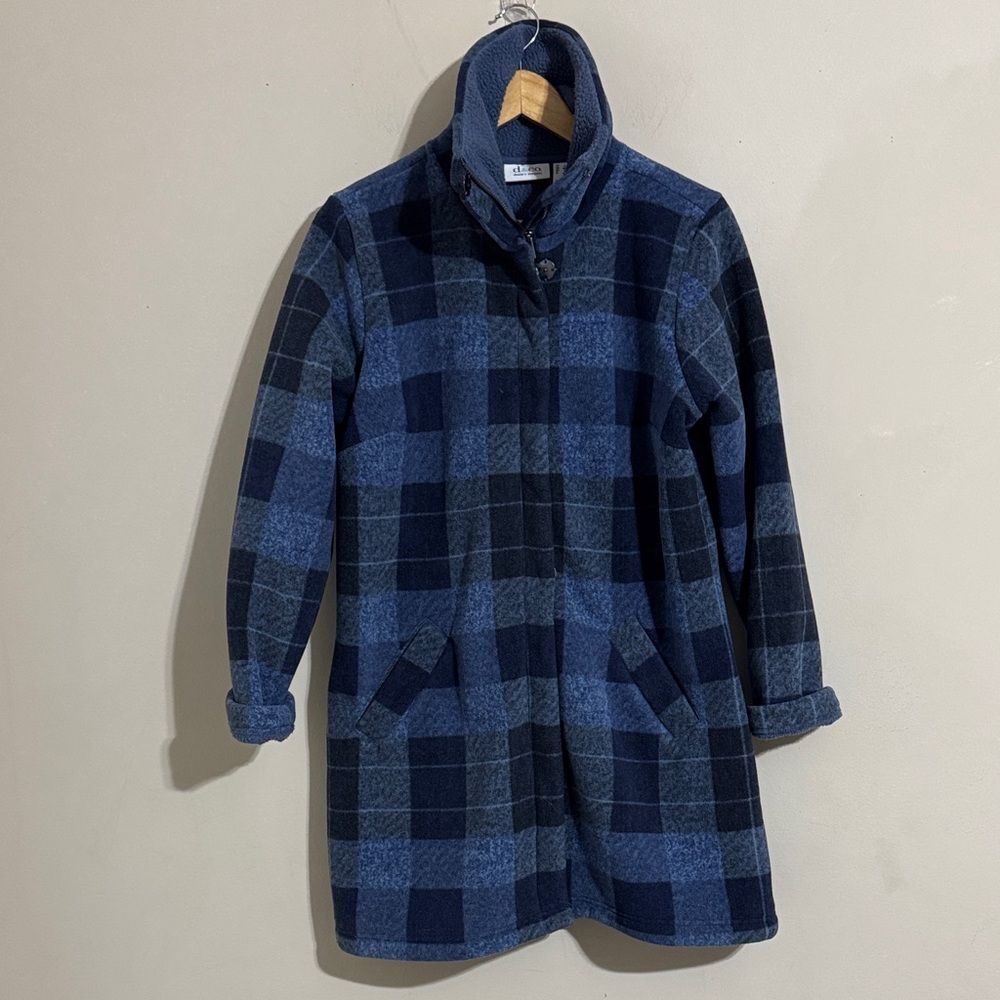 Denim & Co. High Neck Blue Plaid Fleece Longline Coat size S Cozy Winter Casual